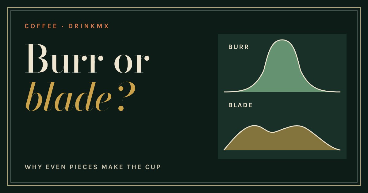 Two curves of coffee particle sizes: a tall narrow burr grinder hump and a wide uneven blade grinder spread