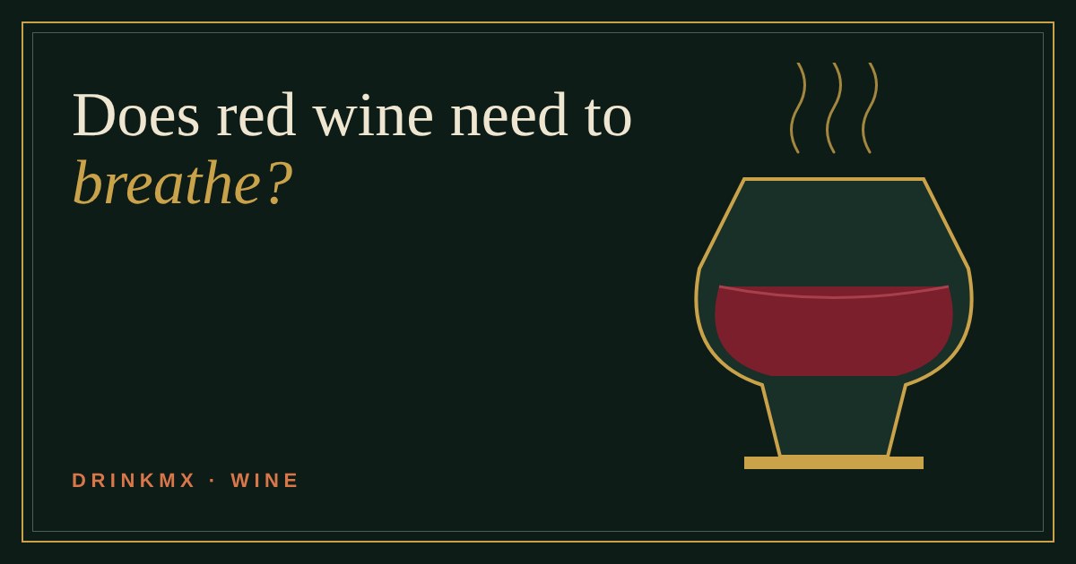 A red wine glass with gold wisps of aroma rising above it, drawn on a dark green background