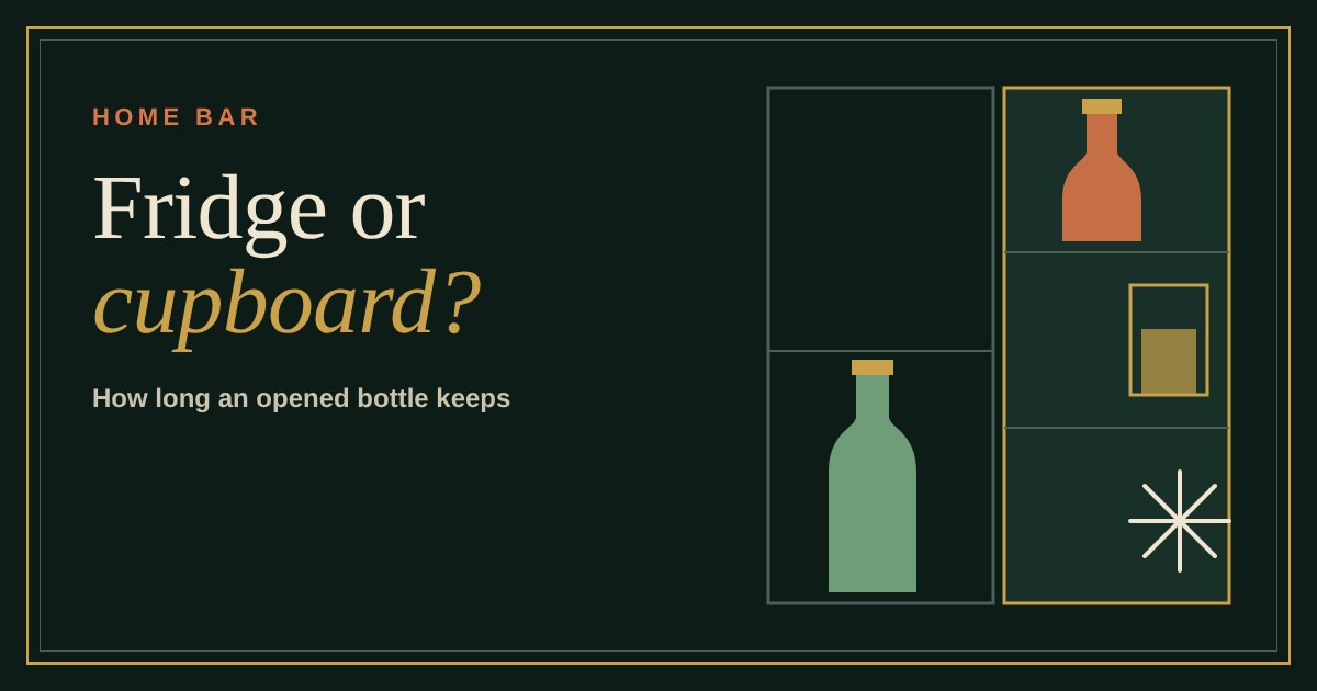 Two shelves: a cupboard holding a gin bottle and a fridge holding a vermouth bottle, with a snowflake