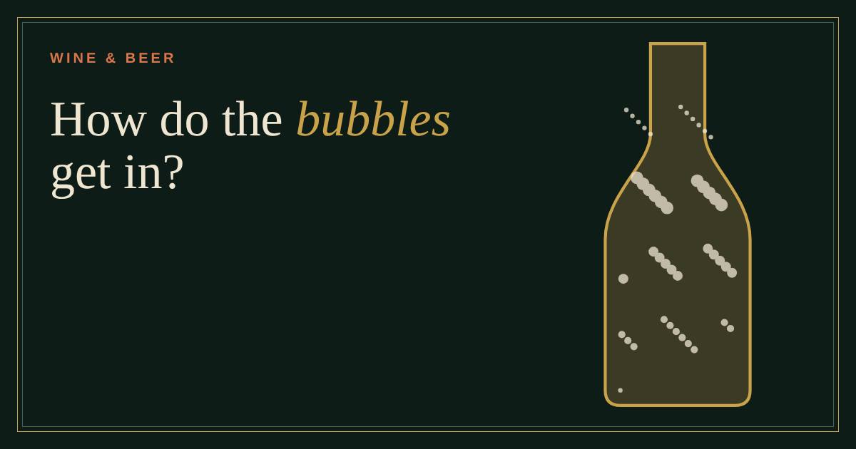 Gold-outlined sparkling wine bottle filled with rising bubbles on a dark green background