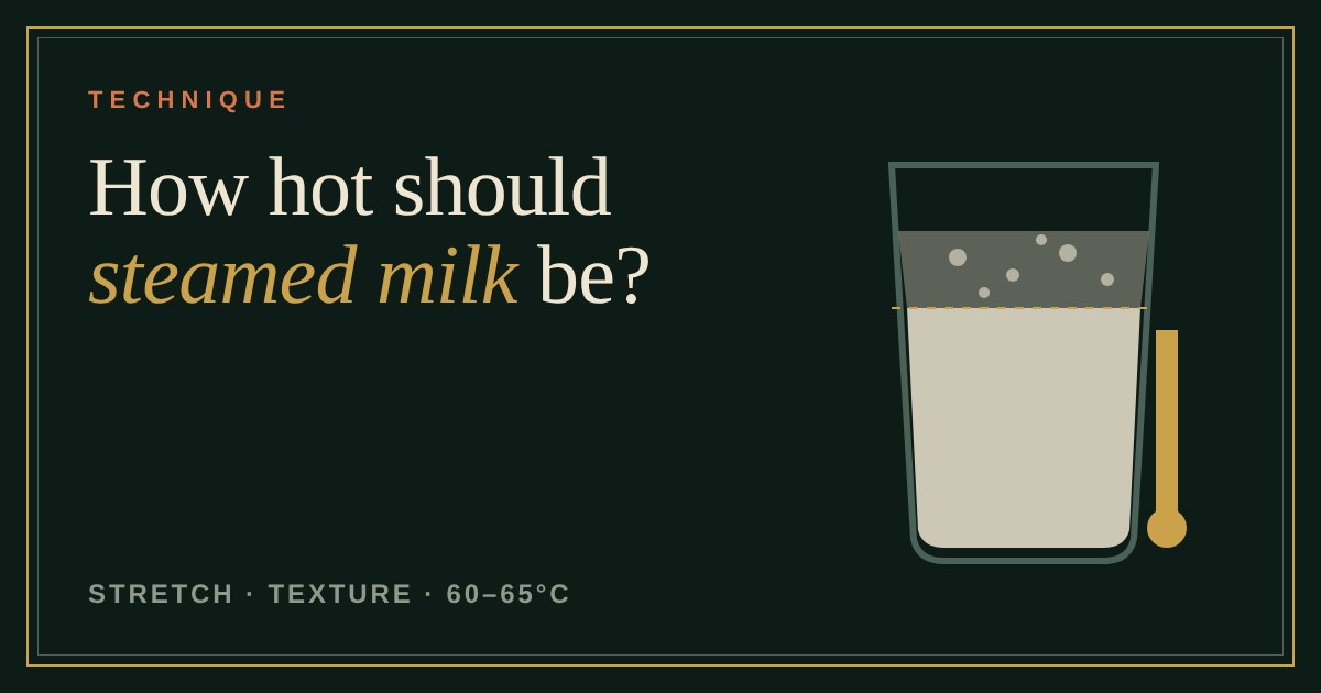 A jug of steamed milk with a layer of foam on top and a thermometer beside it