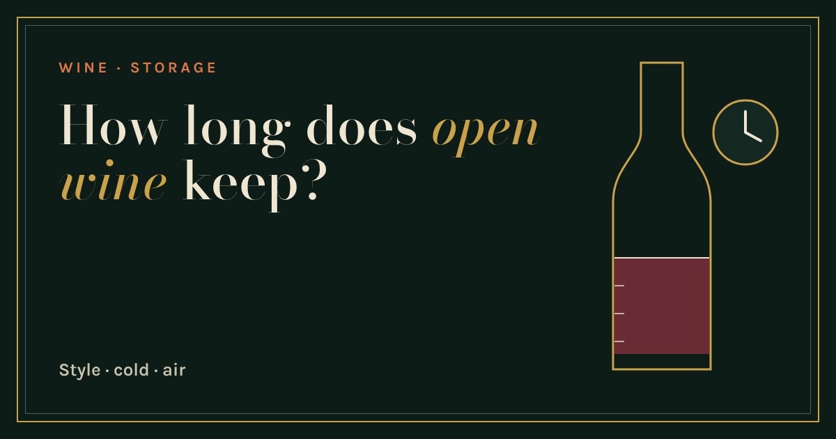 A wine bottle with a clock beside it, filled partway with red wine, in gold line art on a dark green background