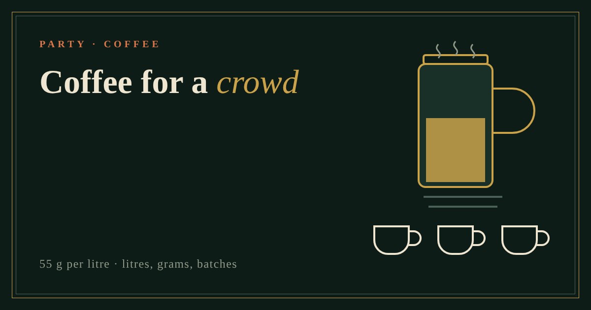 Illustration of a large coffee jug with three cups beneath it on a dark green background