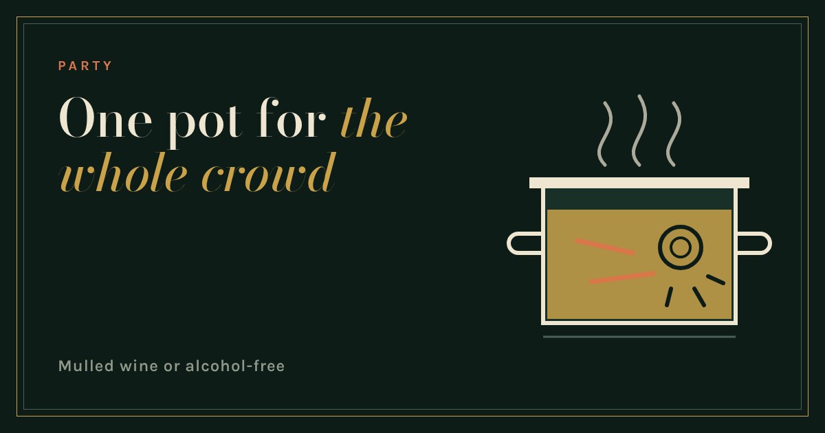 A steaming pot of spiced punch with cinnamon and star anise, drawn in gold on dark green