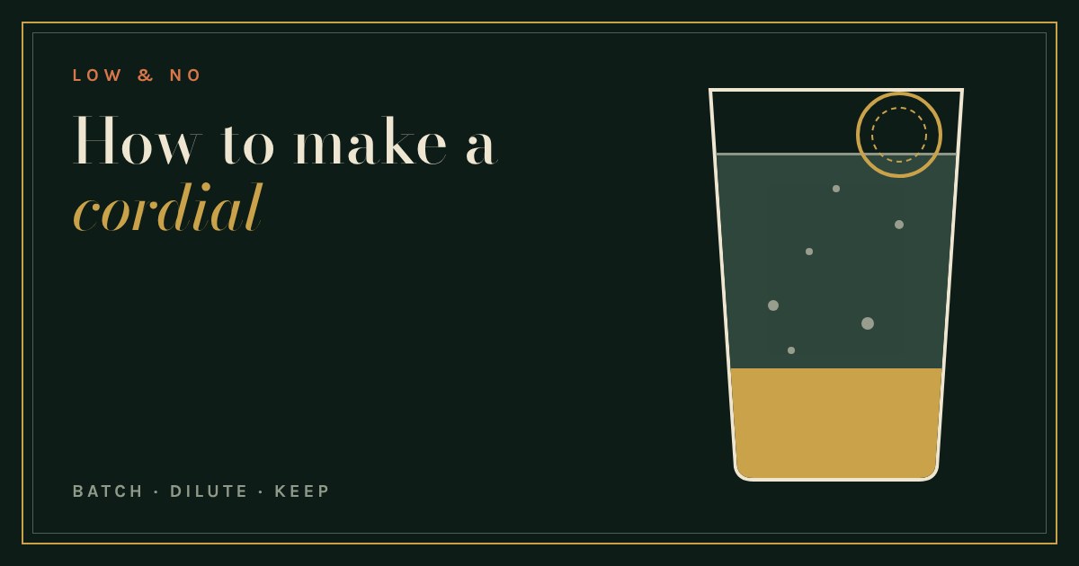 A tall glass of cordial diluted with water: a gold layer of syrup under green water with bubbles