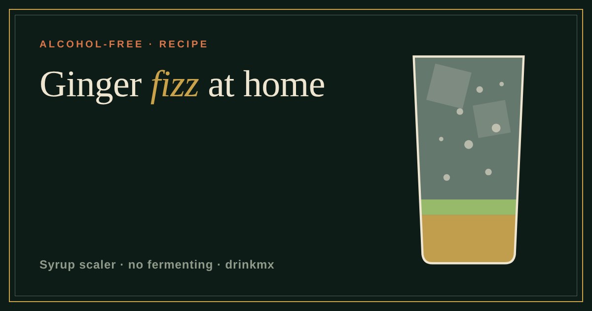 A tall glass of ginger fizz with ice and bubbles, lime and golden ginger syrup layered at the bottom