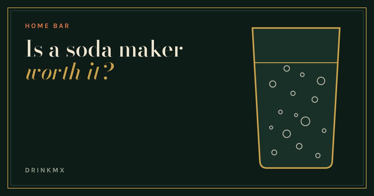 A gold-outlined glass of sparkling water with rising bubbles on a dark green background, beside the title