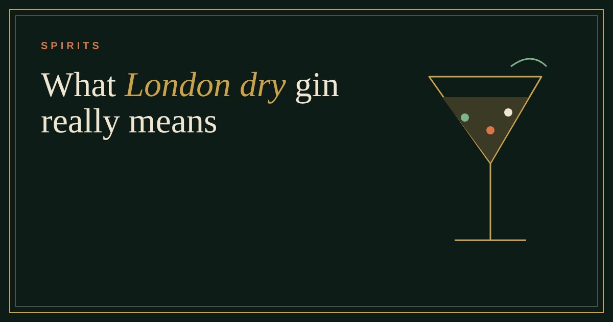 Gold line drawing of a martini glass with three botanicals floating in it on a dark green background