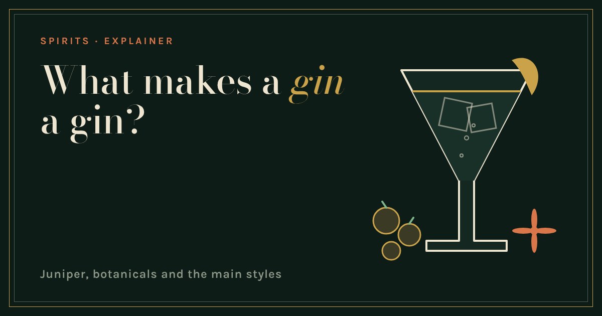 Illustration of a gin and tonic glass with ice, a lemon peel, juniper berries and a botanical on a dark green background