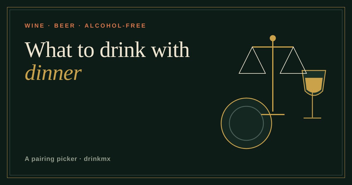 A brass balance scale between a plate and a glass of wine on a dark green background