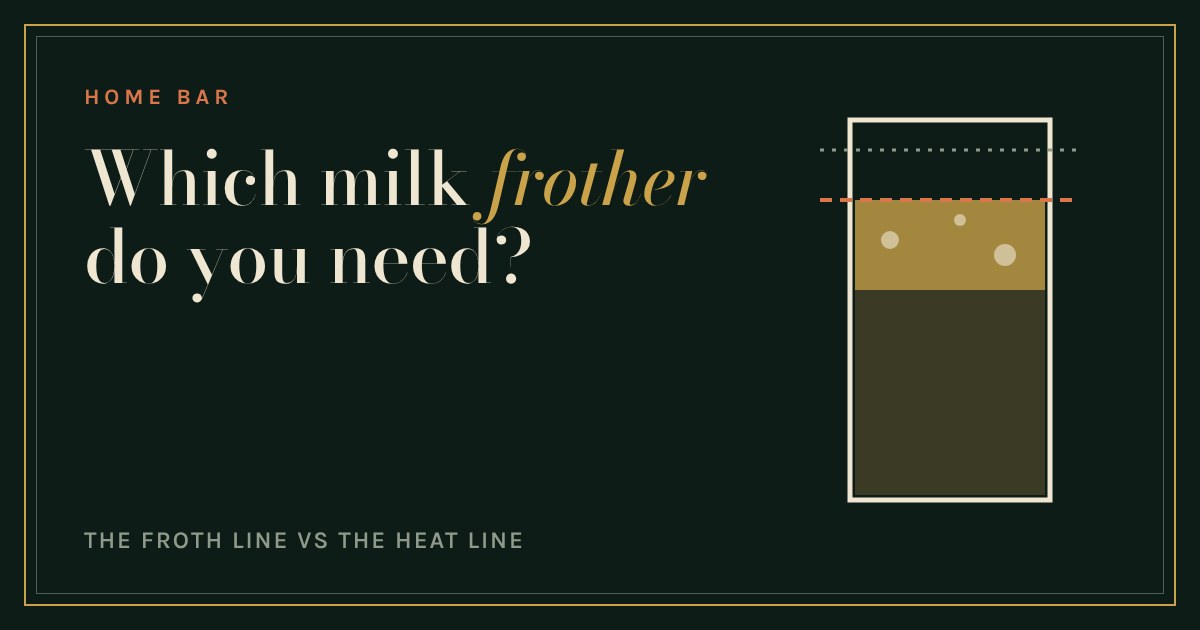 A glass jug of milk with a foam layer, a dashed froth line and a higher heat line