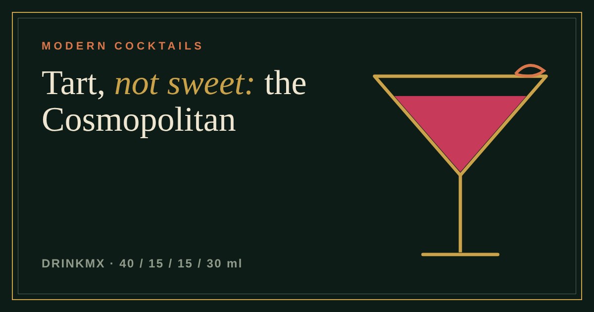 A pink Cosmopolitan in a cocktail glass with an orange peel twist on the rim, drawn in gold line art