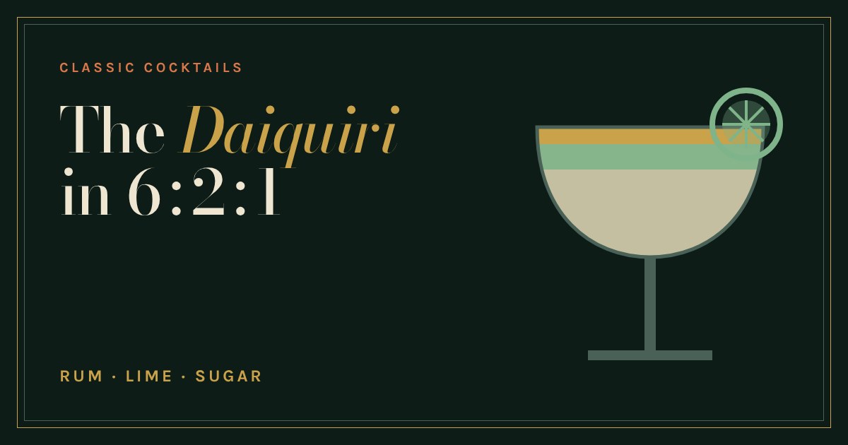 A coupe glass of Daiquiri in layers of rum, lime and syrup, with a lime wheel on the rim, beside the title in 6:2:1