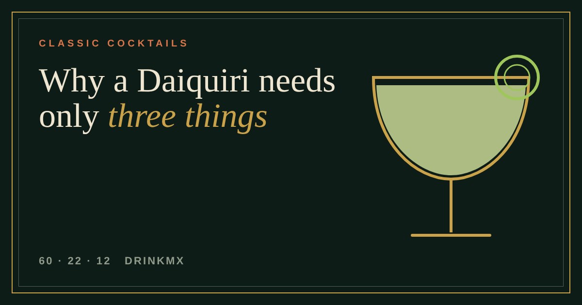 Gold line drawing of a coupe glass filled with pale green Daiquiri and a lime wheel on the rim