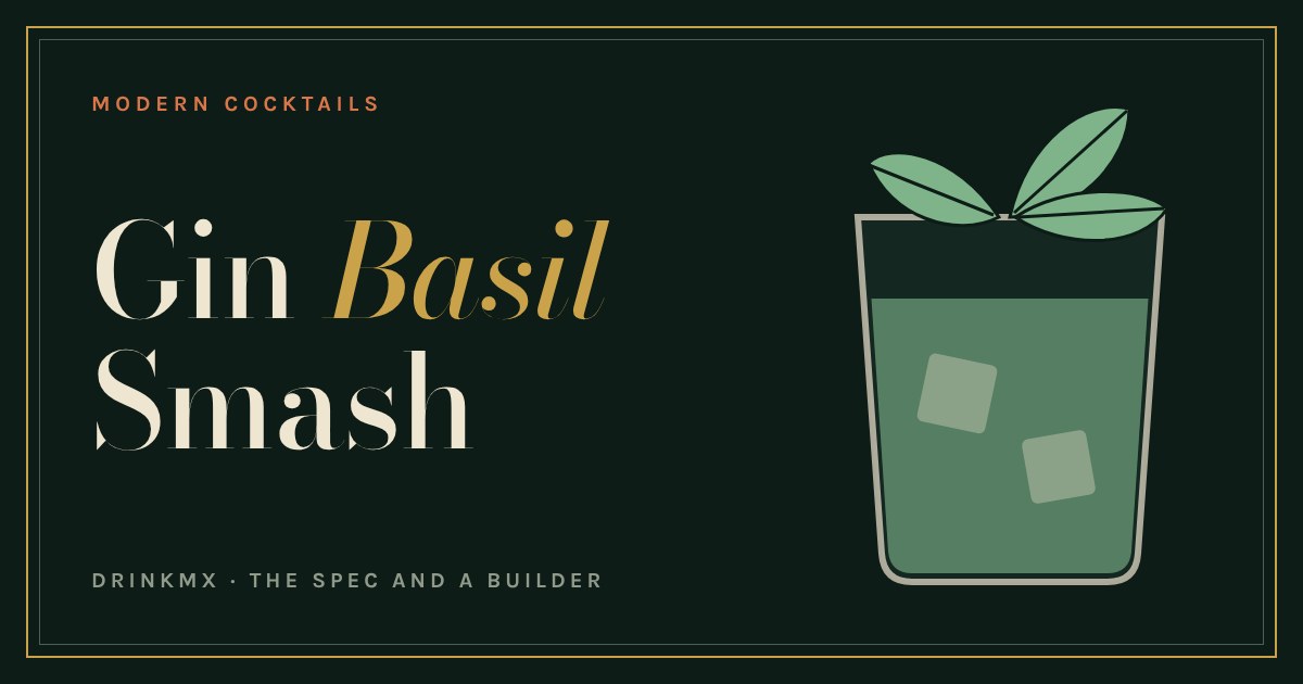 Illustration of a rocks glass of green gin sour with three basil leaves on top