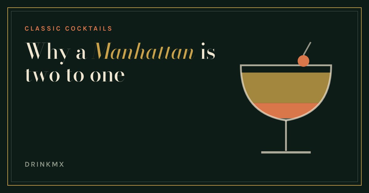 A coupe glass of Manhattan with a cherry, layered to show whiskey, vermouth and meltwater