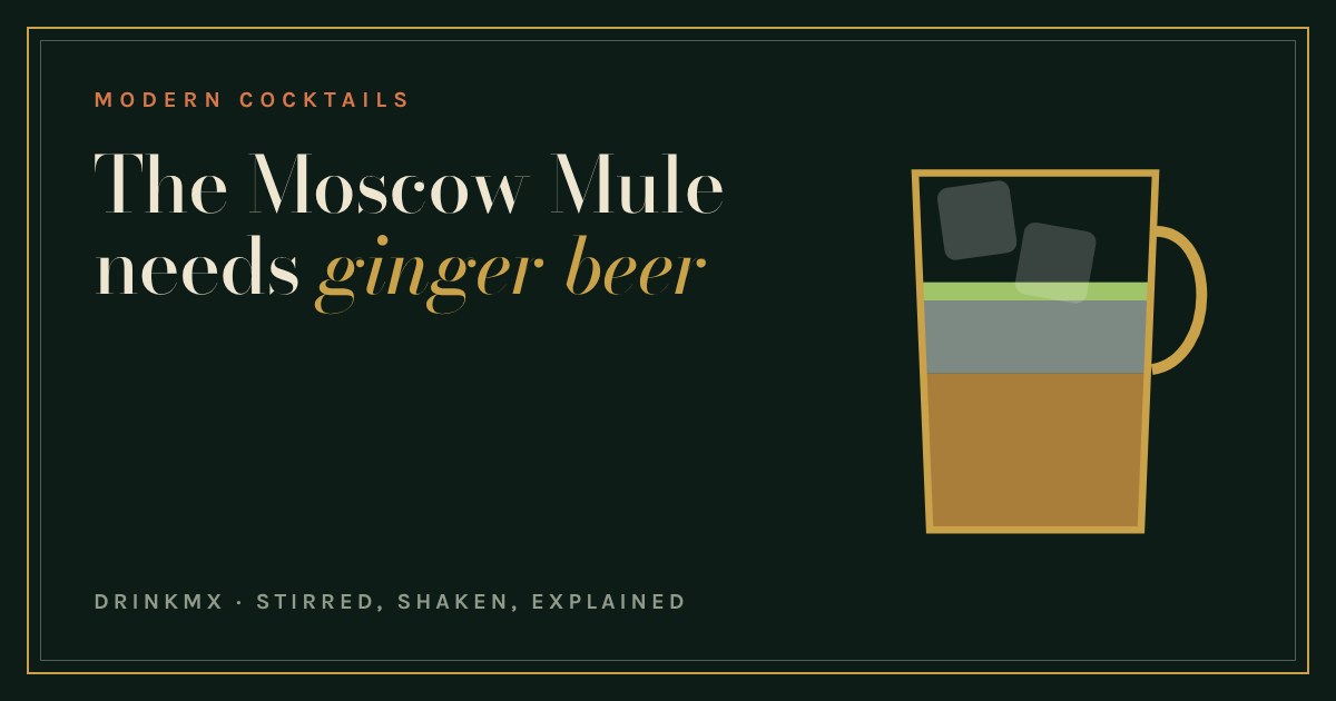 A copper-style mug with layers of ginger beer, vodka and lime juice under ice, drawn in gold on dark green