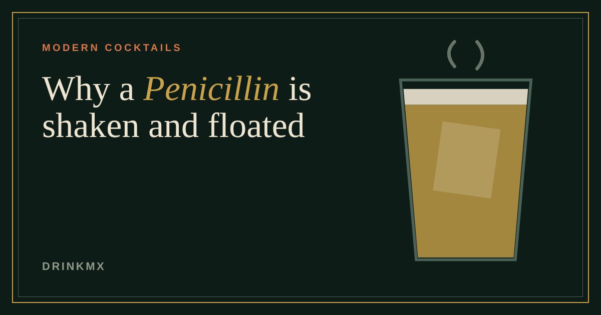 Rocks glass of a golden Penicillin cocktail with a pale smoky float on top