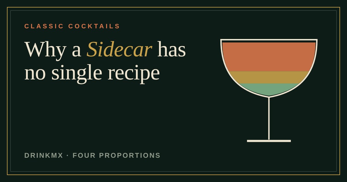 Coupe glass filled with three bands of colour for Cognac, orange liqueur and lemon juice