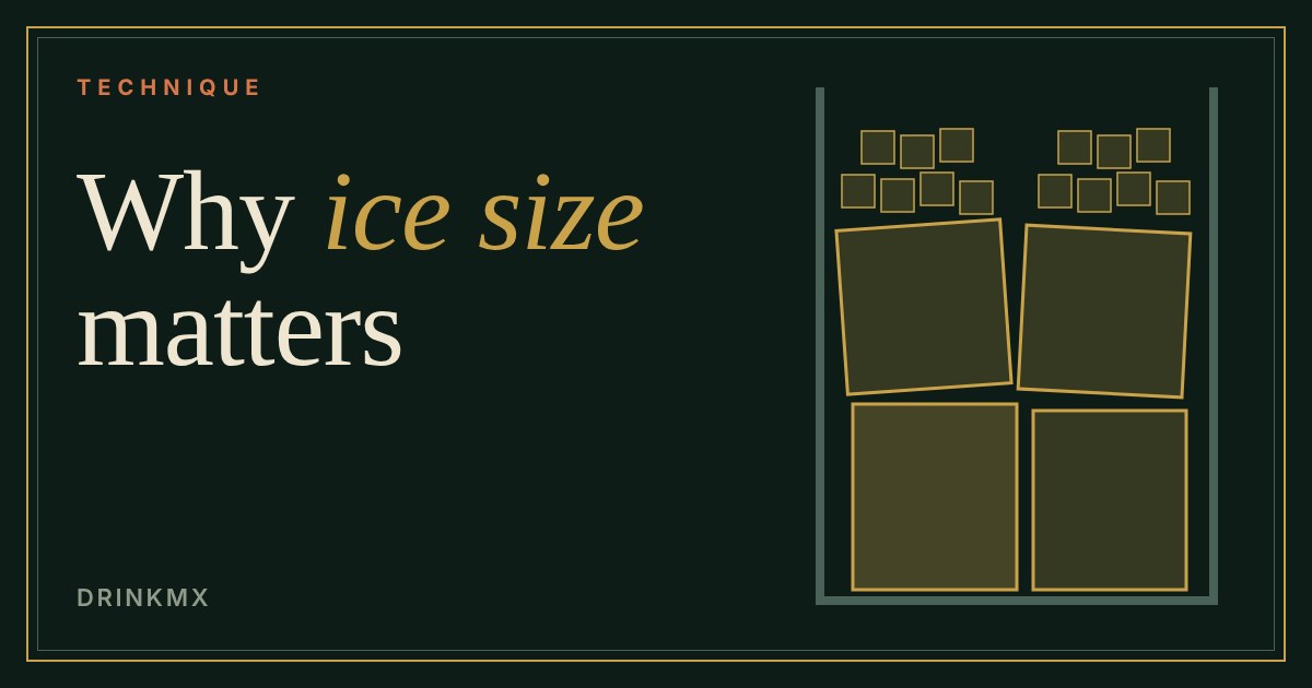 Glass filled with large and small ice cubes on a dark green background