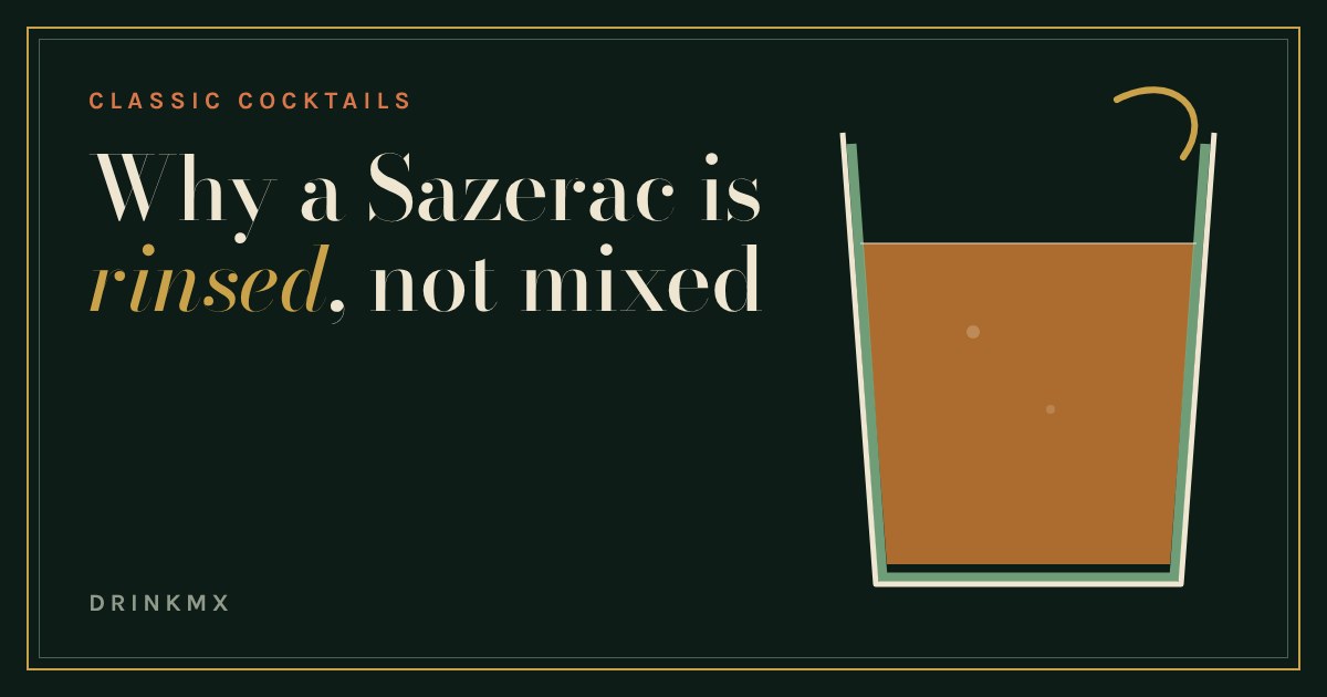 A rocks glass of amber Sazerac with a thin green film of absinthe coating the inside, beside the title