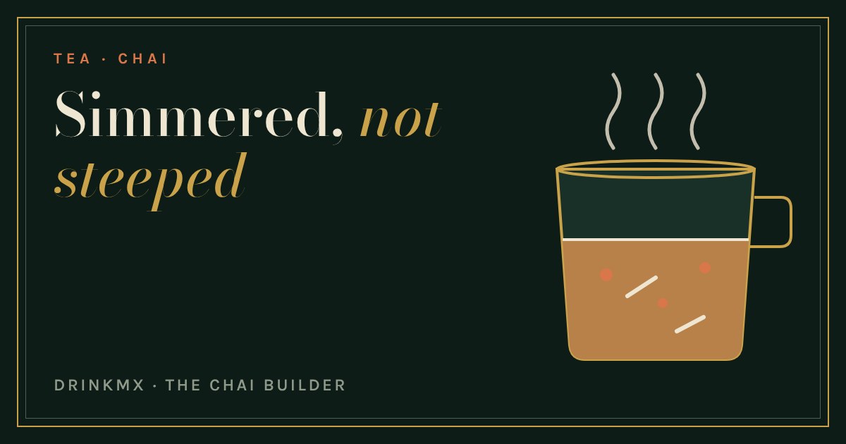 A mug of spiced milk tea with steam rising, drawn in gold and cream on bottle green