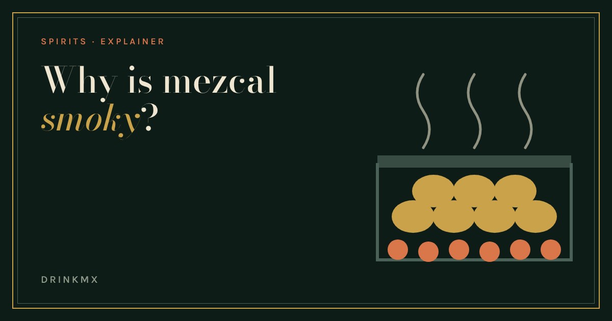 A pit of hot stones and agave hearts with smoke rising, drawn in gold and copper on bottle green