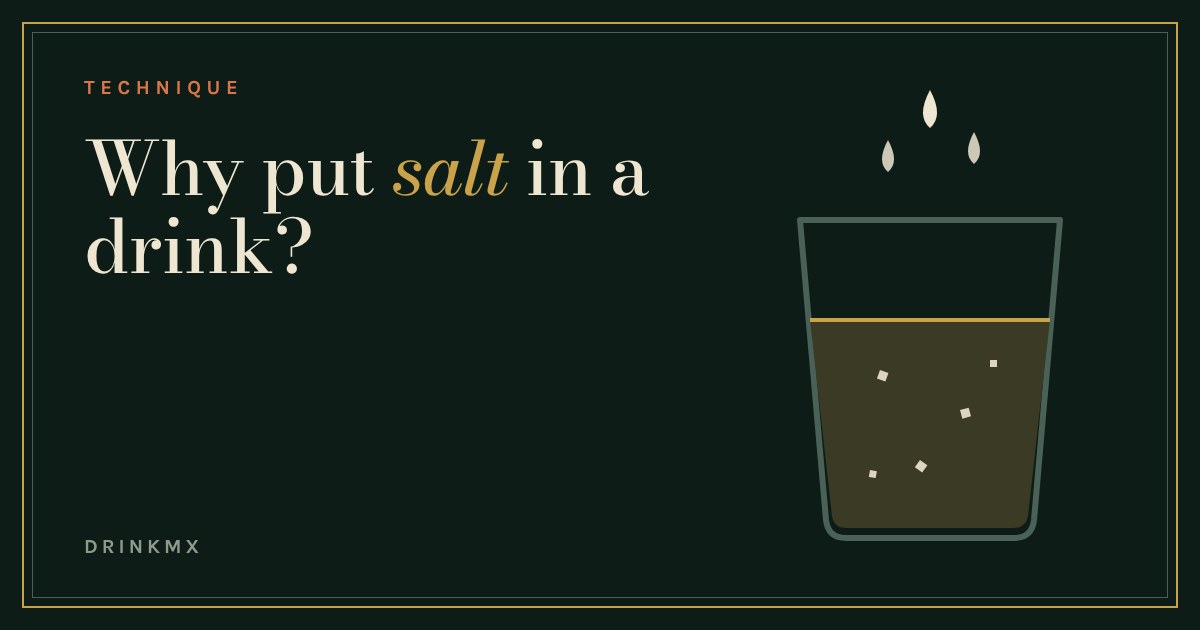 A glass of drink with three drops of saline falling in and a few grains of salt inside